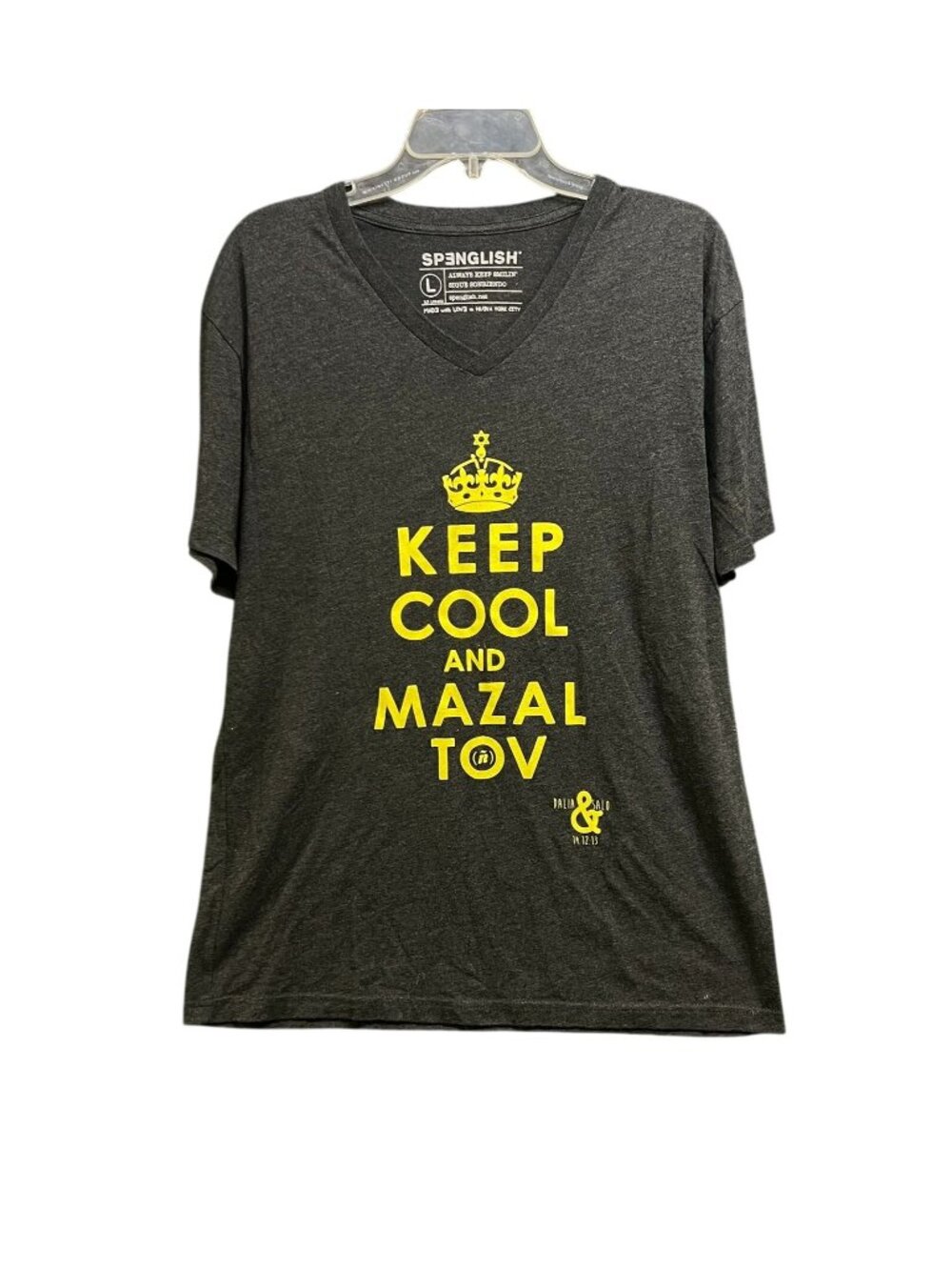 Spenglish Large V-Neck Graphic Tee Dark Gray With Yellow Print